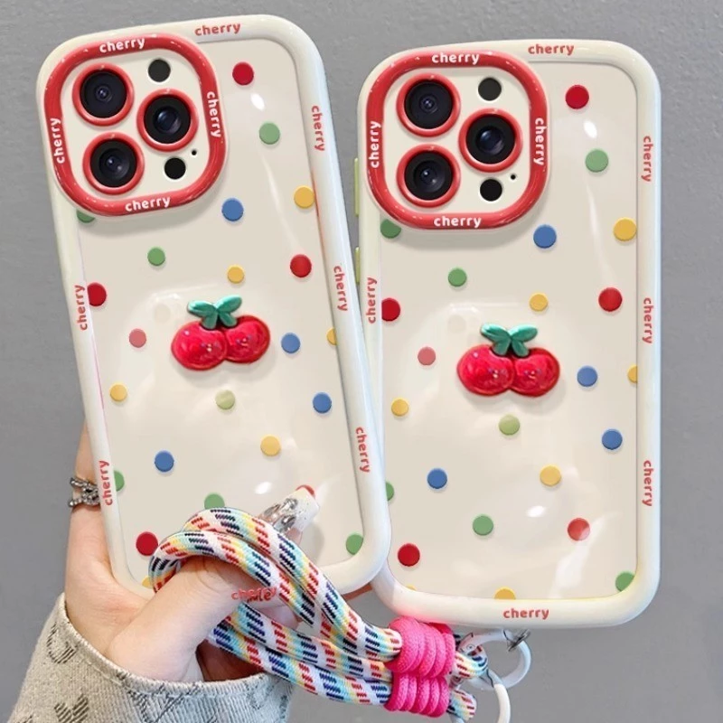 เข้ากันได้สําหรับiphone 16 15 14 13 12 11 Pro MAX X XR XS MAX 7 8 Plusที่มีสีสันPolka Dotสาวเชอร์รี่เคสโทรศัพท์ปกอ่อน