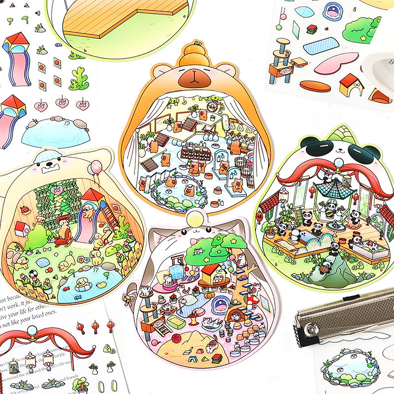 Journamm 2 แผ่น DIY Mini 3D น่ารัก House สติกเกอร์ฉาก PET Miniature ฉากสติกเกอร์ทําด้วยมือ DIY สติกเ