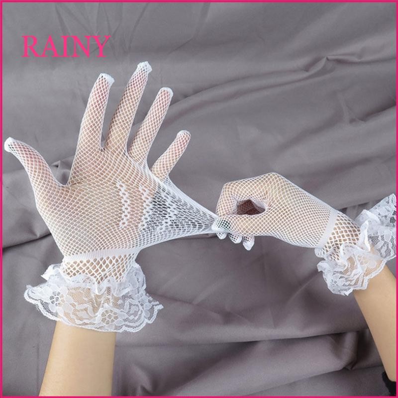 RAINY ผู้หญิงจีบข้อมือถุงมือลูกไม้สั้นยืดหยุ่น Fishingnet ดูผ่านถุงมือ