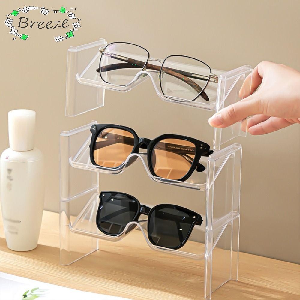 BREEZE ชั้นวางโชว์แว่นกันแดด 2 ชิ้น, ขาตั้งจอแสดงผลแว่นตากันฝุ่นประหยัดพื้นที่, ชั้นวางแว่นตาพลาสติกใสแบบพกพาเดสก์ท็อป