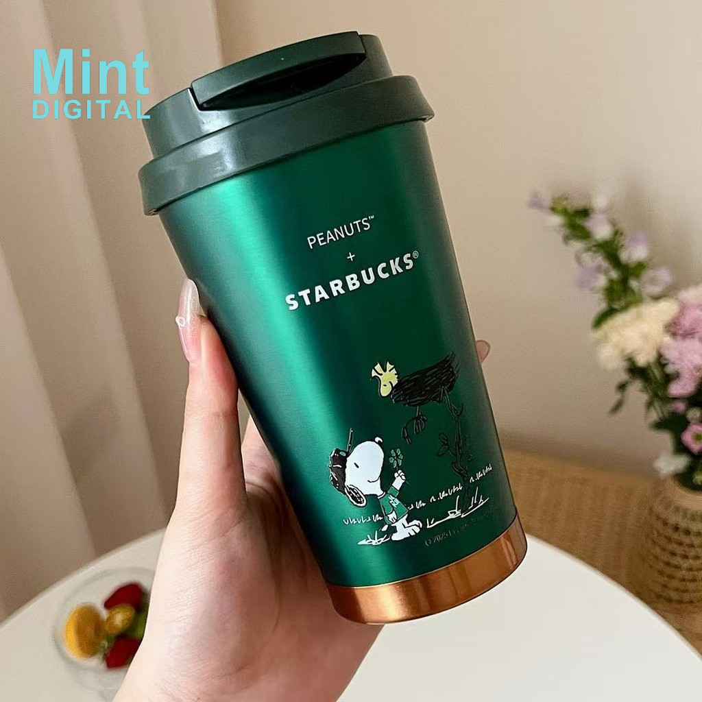 Starbucks Cup Peanuts ร่วมแบรนด์ 384ml ถ้วยกาแฟทองสีเขียวเข้ม ถ้วยเก็บความร้อนสแตนเลส ถ้วยน้ําในรถยนต์