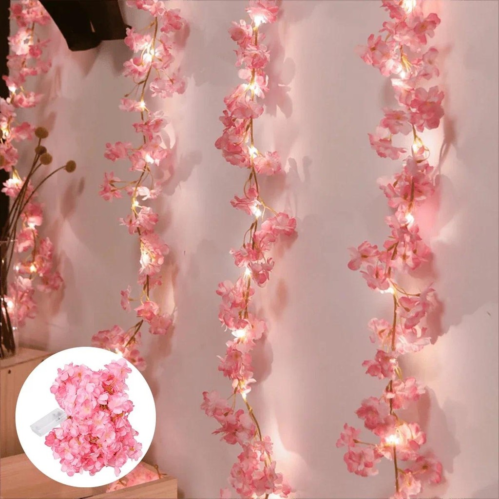 2/5M 20/50LEDs Cherry Blossom String Light Garland ประดิษฐ์ดอกไม้ Vines Fairy ไฟสําหรับห้องนอนงานแต่