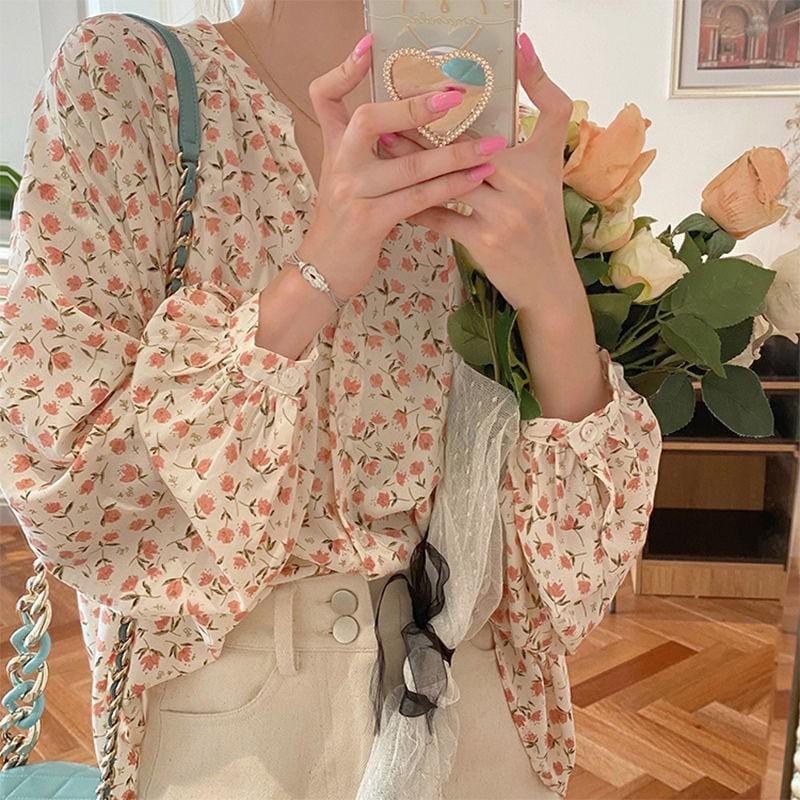 Yejin เสื้อเบลาส์โอเวอร์ไซส์วินเทจลายดอกไม้เกาหลี