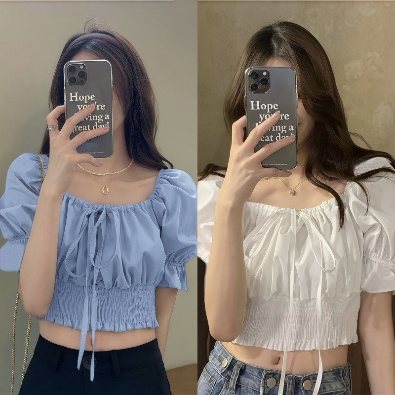 Suysuy พร้อมส่ง เสื้อครอป แขนตุ๊กตา มีเชือกรูดอกมัดโบว์ สไตล์สาวเกาหลี ชายแต่งสม็อคเอว ผ้าคอตตอน ทรงปาดไหล่ ใส่ได้ 2 แบบ