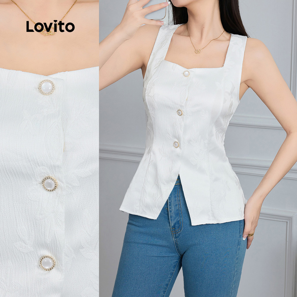 Lovito เสื้อกล้ามกระดุมสีพื้นหรูหราสําหรับผู้หญิง L131ED482