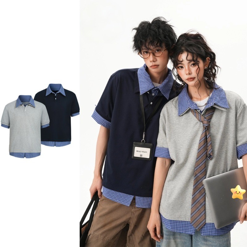 SUIKONE ซุยโคเนะ อเมริกันย้อนยุคสีกรมท่าลายสก๊อตปลอมสองชิ้นเสื้อโปโลฤดูร้อนสไตล์เป็นกลางผ้าฝ้ายแท้เสื้อโปโล