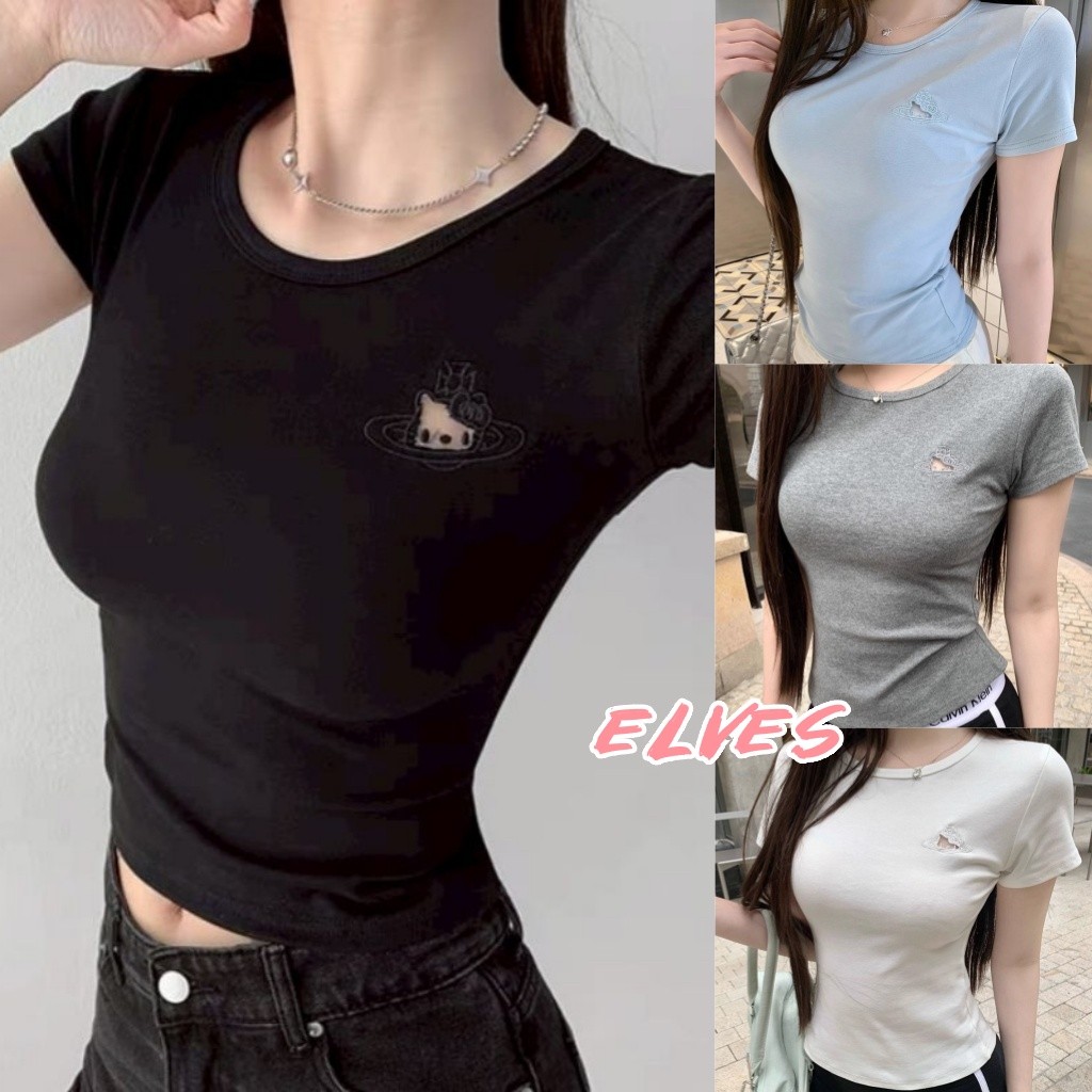 Elves พร้อม💟 เสื้อครอป แขนสั้น คอกลม มีฟองน้ำ สีพาสน่ารักใส่สบาย สไตล์เกาหลี"FY1838"