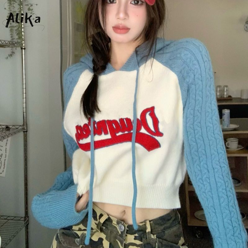ALIKA เสื้อกันหนาวผู้หญิงแฟชั่นใหม่เกาหลีอเมริกันวินเทจ ชื่อย่อ ปักแขนยาวคลุมด้วยผ้าถักด้านบน