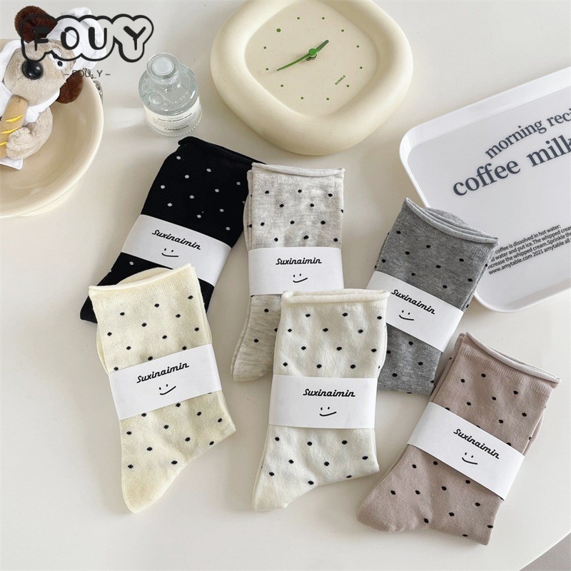 Lequ Socks ผู้หญิงฤดูใบไม้ผลิฤดูร้อน ins อินเทรนด์ Retro ครีม Tie Curling Dotted ถุงเท้ากลางหลอดผู้หญิงวรรณกรรมถุงเท้าคุมขังผู้หญิงถุงเท้ากอง