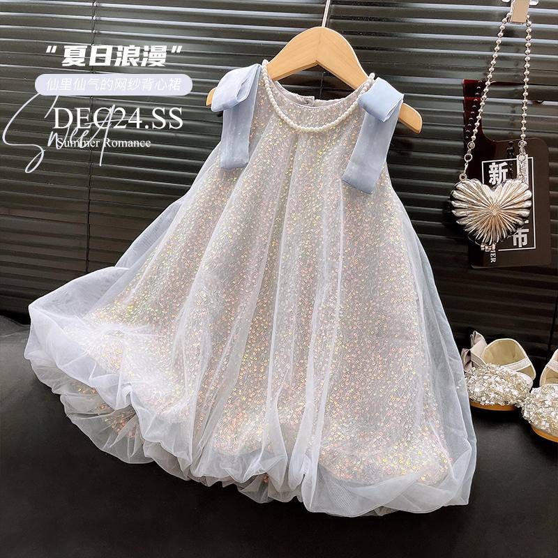 Girls Sequined Gauze Vest Dress ฤดูร้อนสไตล์ใหม่แฟชั่นชุดฤดูร้อนดอกไม้ Bud ชุดเจ้าหญิง