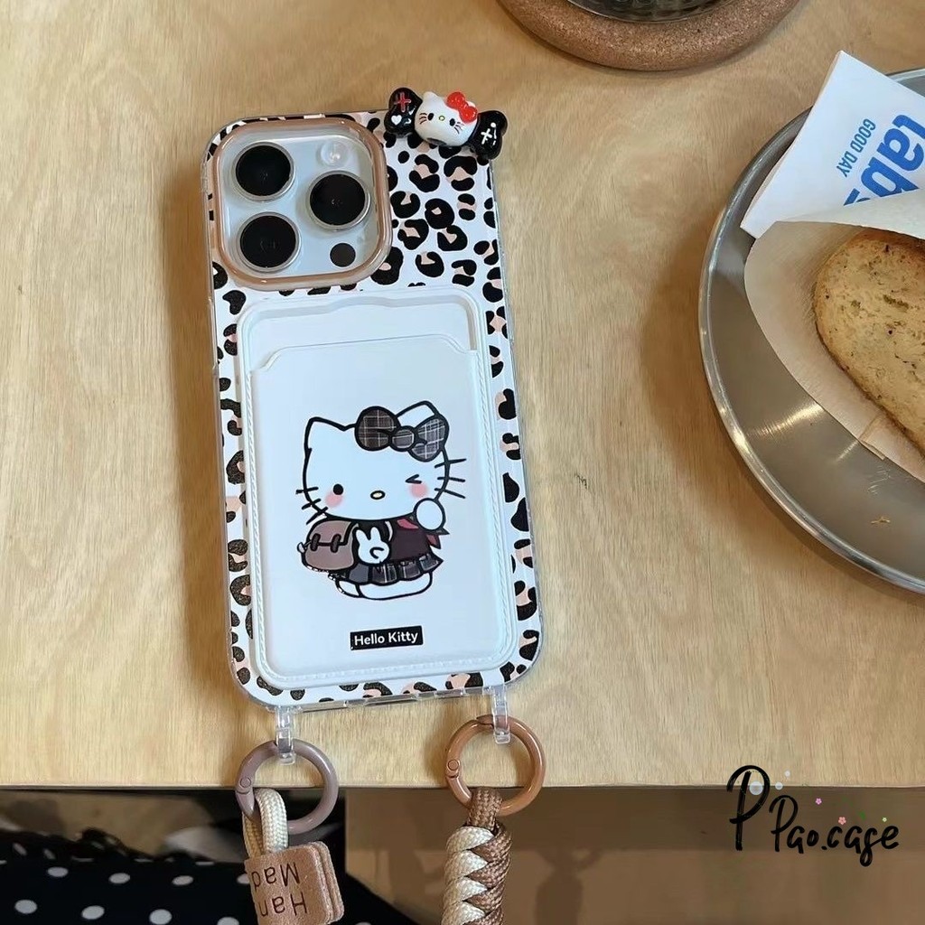 น่ารัก HelloKitty เข้ากันได้เคสไอโฟน 11 16 13 15 XR 14 12 Pro Max 7 8 Plus X XS Max SEพิมพ์เสือดาวเชือกกระเป๋าสตางค์บัตร