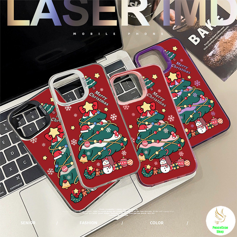 COD-ในไทย เคส ต้นคริสต์มาสการ์ตูน สําหรับ iPhone 7 8 X 11 12 13 14 15 16 เปลือกแข็งสีเงิน กันกระแทก พื้นหลังสี Unisex