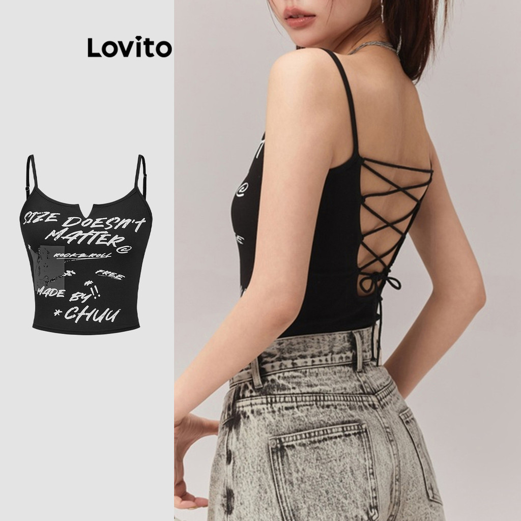 Lovito เสื้อสายเดี่ยวผู้หญิง ลายตัวอักษร ผูกหลัง สไตล์ลำลอง L90AD082