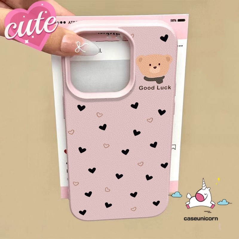 โบว์น่ารัก Lucky Bear Tag การ์ตูน Retro Polka Dot Love Heart สําหรับ IPhone 11 15 14 16 13 12 Pro Max XR XS Max X 16 14 15 Plus หรูหราผิวรู้สึกหนังเนื้อนุ่มกรณี