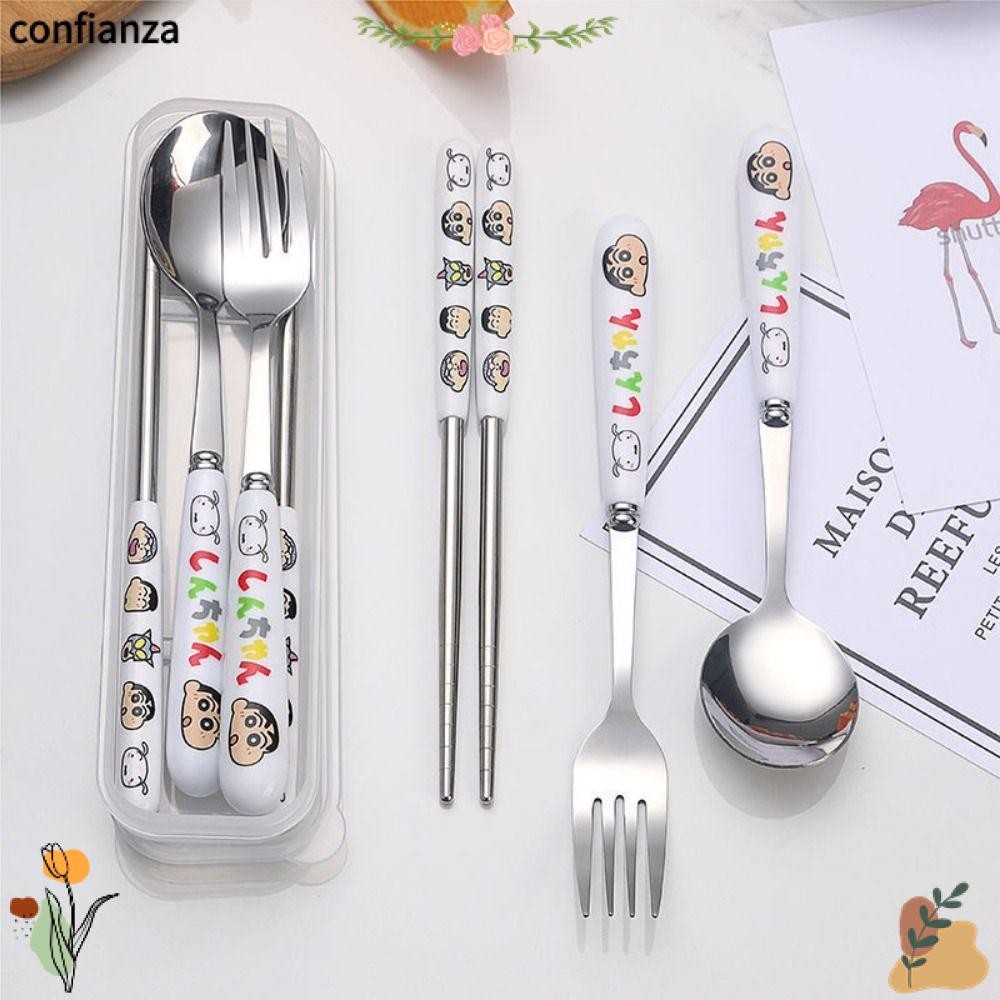Confianza 1/3/4 ชิ้นช้อนสแตนเลส,การ์ตูนแบบพกพา Crayon Shin-chan ชุดช้อนส้อม,ของขวัญเรียบง่ายบนโต๊ะอาหาร