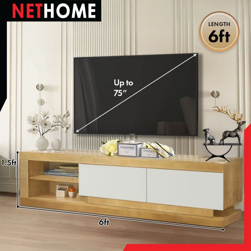 NETHOME ชั้นวางทีวีสไตล์มินิมอล ไม้เนื้อแข็งพร้อมลิ้นชัก Soloma Co thumbnail 6