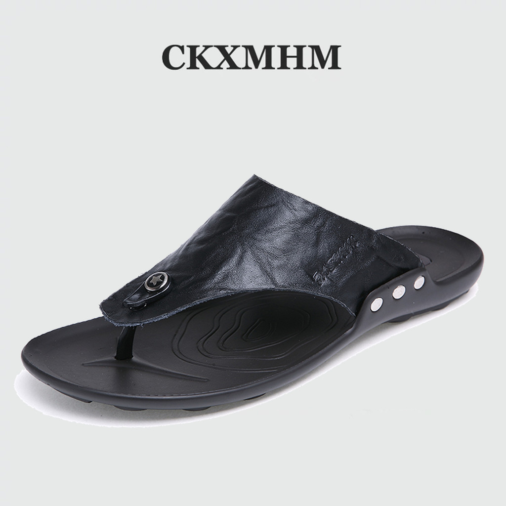 Ckxmhm 38-45 รองเท้าแตะหนังวัวสําหรับผู้ชายรองเท้าแตะชายหาดกันลื่นรองเท้าแตะลําลองสไตล์เกาหลี