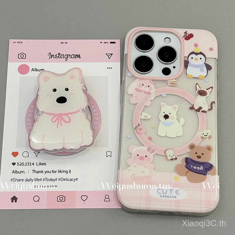 เคสโทรศัพท์สำหรับ iPhone 7 8 x XS XR xsmax 11 12 13 14 15 16 Pro Max PLUS สีชมพูลายสก๊อต West Heights สัตว์ West Heights Magnetic Bracket หุ้มทั้งเครื่องกันกระแทกเคสนิ่มเคสป้องกันเคส7pso