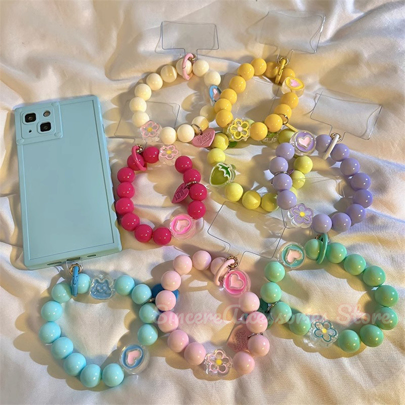 ขนาดเล็กสดสีทึบดอกไม้รักลูกปัดเหมาะสําหรับเคสโทรศัพท์ทั้งหมด DIY สําหรับ โทรศัพท์อุปกรณ์เสริมมือถือข้อมือ Anti Drop โซ่แบบพกพา