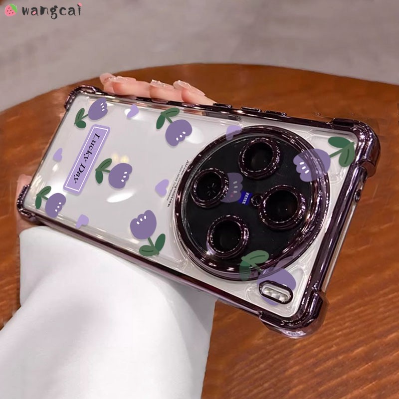 สําหรับ Vivo X100 X90 X80 Pro X70 X60 เคสโทรศัพท์น่ารักดอกทิวลิปสีม่วงดอกไม้ป้ายรักชุบหรูหราโปร่งใสนุ่มปลอกกรณีฝาหลัง