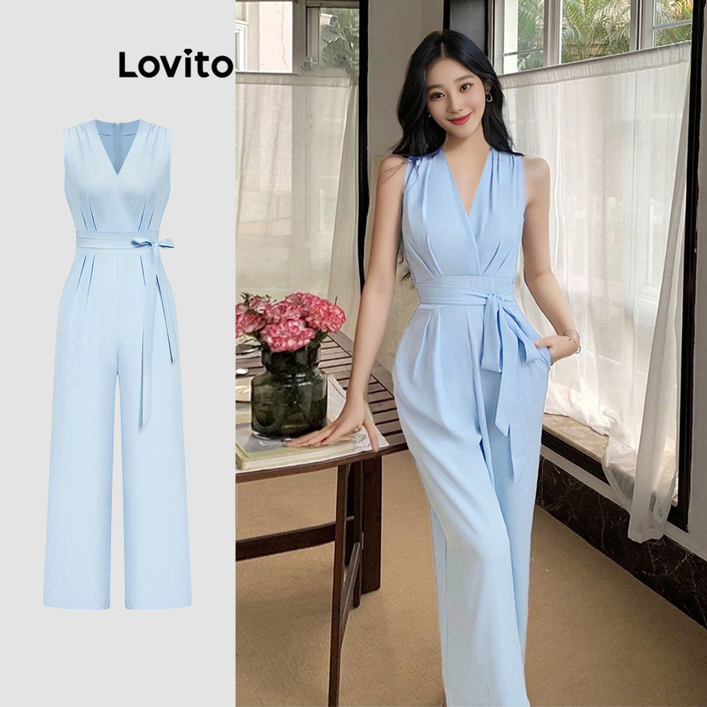 Lovito จั๊มสูทผู้หญิง แต่งจีบ สีพื้น สไตล์ลำลอง L91AD135