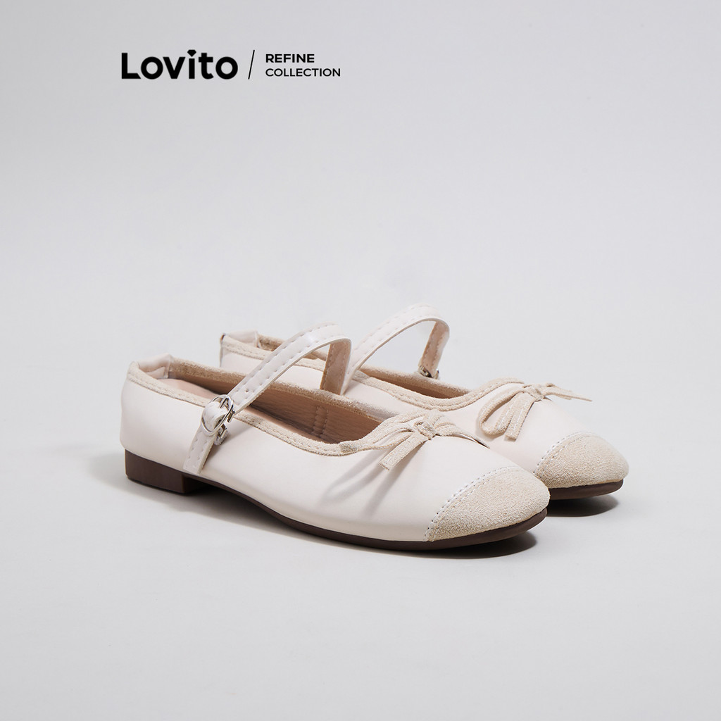 (Lovito Refine) รองเท้าแมรี่เจนผู้หญิง รองเท้าทรงบัลเล่ต์ พื้นนิ่ม และสวมใส่สบาย แต่งโบว์ สีพื้น สไตล์ลำลอง LFA43097