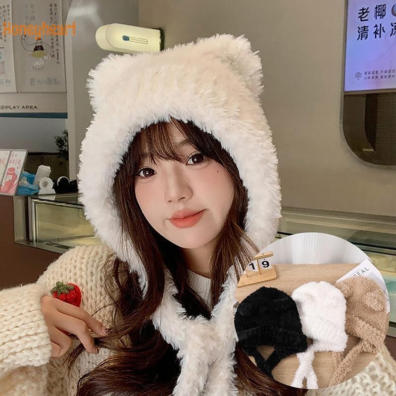 <หัวใจน้ําผึ้ง> หูหมีน่ารักหมวกฤดูหนาวทําด้วยผ้าขนสัตว์ป้องกันหูถังหมวกตุ๊กตาเย็นหลักฐานหมวกขี่จักรยานสําหรับผู้หญิงดี