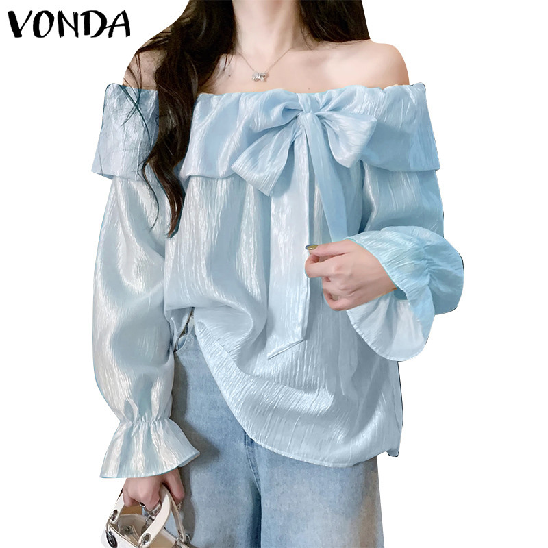 Vonda ผู้หญิงเกาหลีหรูหราหนึ่งไหล่ Ruffle Edge สีทึบเสื้อแขนยาว