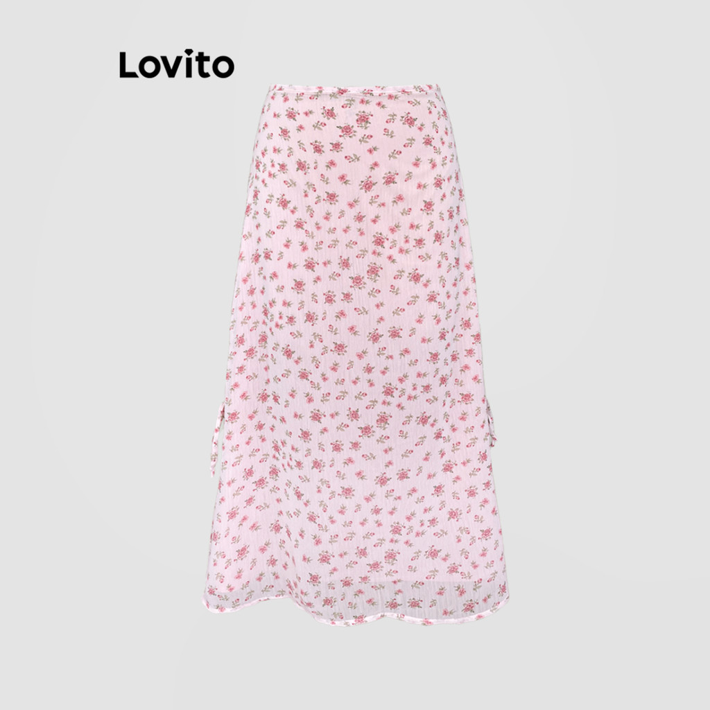 Lovito กระโปรงทรงคอจีนลายดอกเล็ก ๆ ทรงลำลองพร้อมกระดุมรูปกบและไข่มุกสีตัดกันสำหรับผู้หญิง L114AD604