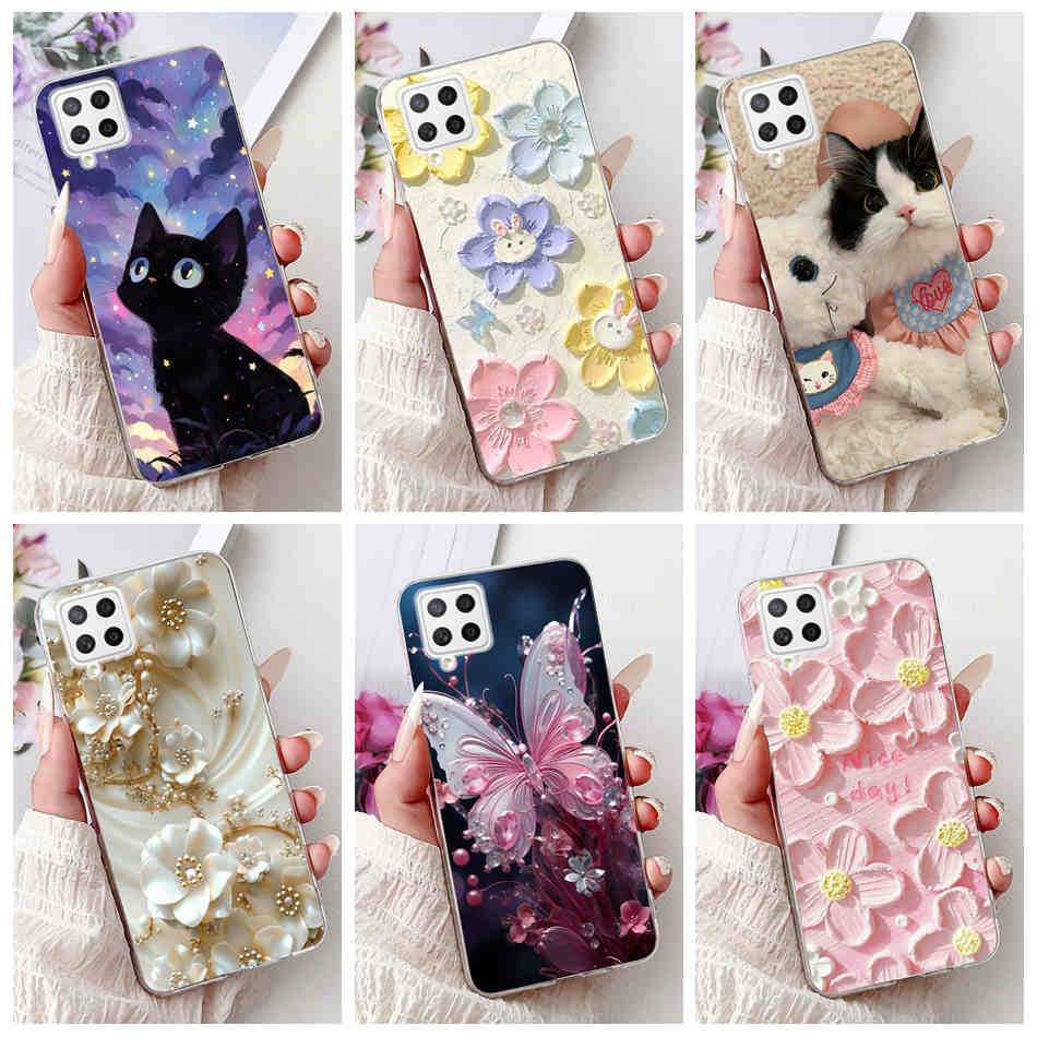 สําหรับ Samsung Galaxy A22 4G SM-A225F / A22 5G SM-A226B แมวน่ารักผีเสื้อดอกไม้รูปแบบซิลิโคนนุ่ม TPU เคสโทรศัพท์