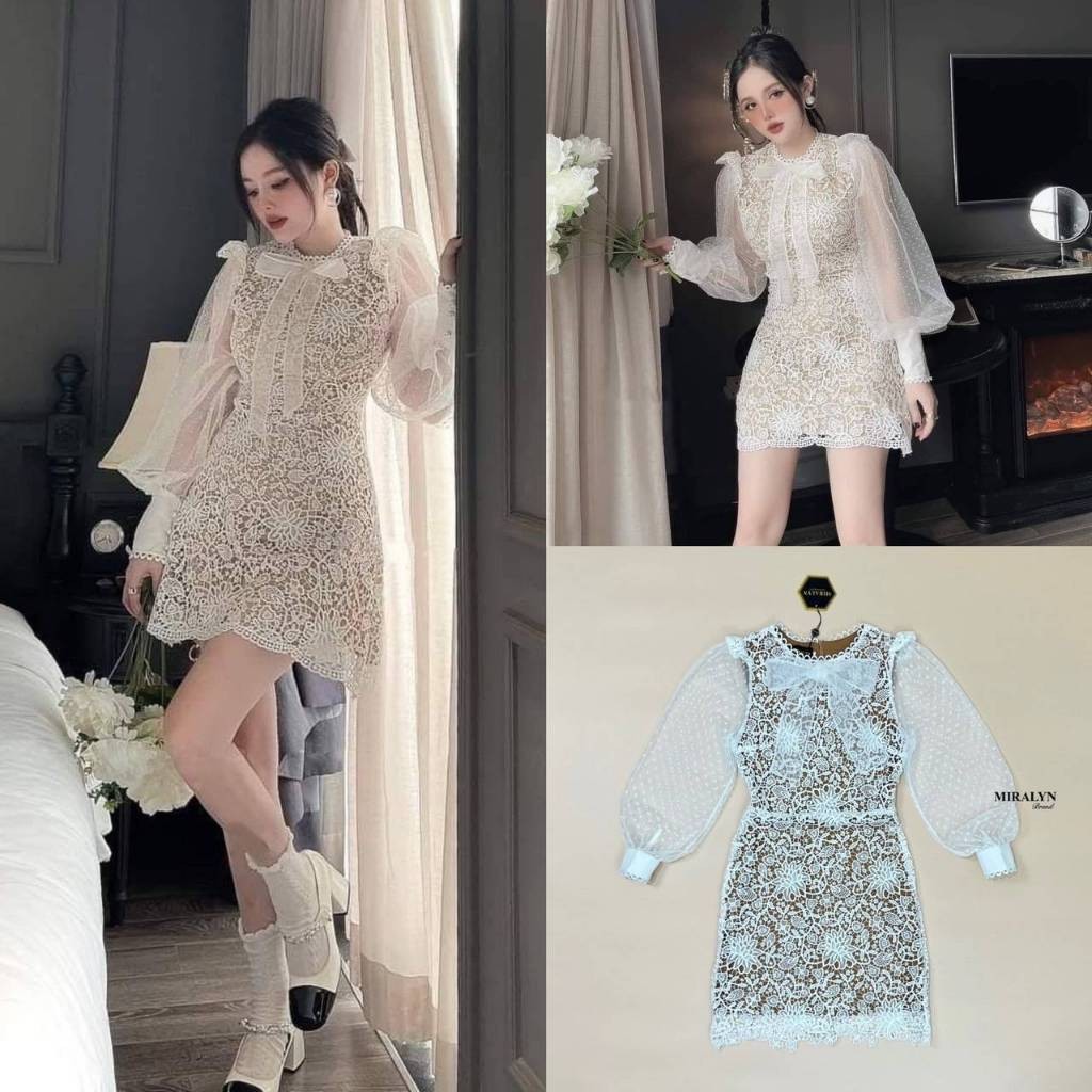 (xs-xl) (พร้อมส่ง) Miralyn19 Dress ผ้าลูกไม้แน่นๆทั้งชุด แขนพองทรงตุ๊กตาดีเทลลูกไม้แต่งช่วงแขนน่ารัก