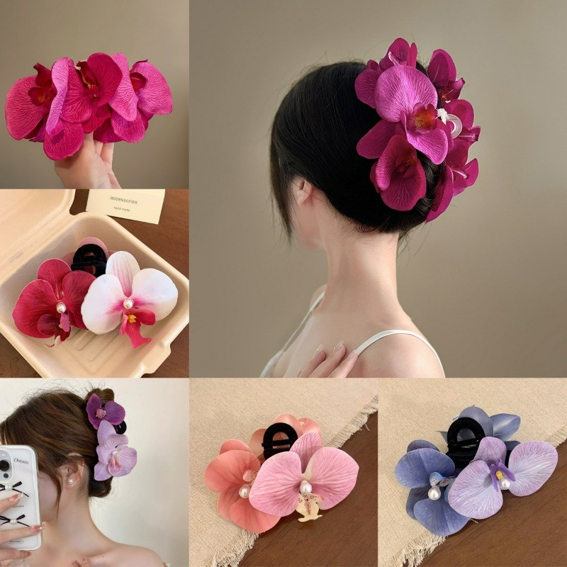 MagpieRose Red Phalaenopsis คลิปใหญ่ Bohemian Head ดอกไม้จําลองเครื่องประดับผมดอกไม้ริมทะเลสไตล์รีสอร์ทคลิปฉลาม