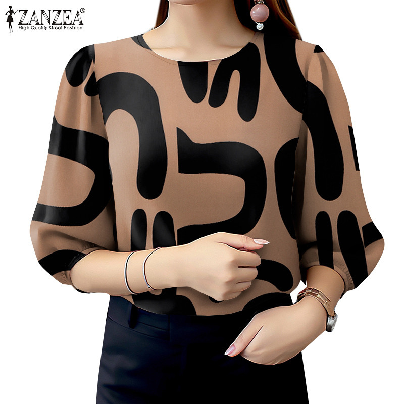 ZANZEA ซานเซีย ผู้หญิงวินเทจแฟชั่น โอ-คอแขนสามส่วนพิมพ์เสื้อลําลองทรงหลวม