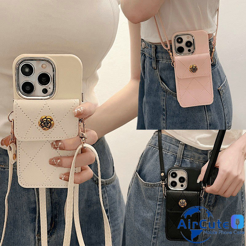 เคส iPhone 16 15 14 13 12 11 Pro Max X XR XS Max 8 7 + Plus SE 2020 iPhone15 iPhone14 iPhone13 iPhone12 iPhone11 iPhoneX iPhoneXR iPhoneXS iPhone8 8Plus iPhone7 7Plus Big Camera Frame 3D Camellia Diamond Shaped Wallet Solid Color Soft Case + Lanyard