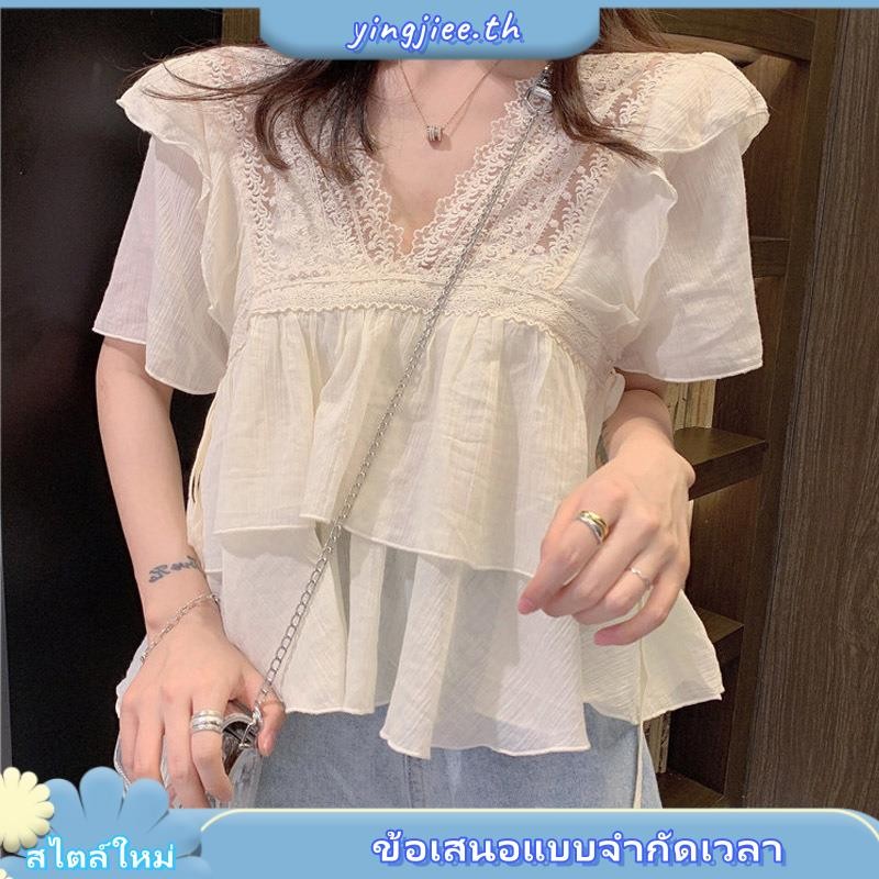 เสื้อเชิ้ตแขนสั้น คอวี ผ้าชีฟอง แต่งระบาย พิมพ์ลายลูกไม้ สีขาว แฟชั่นฤดูร้อน สไตล์เกาหลี สําหรับผู้หญิง 2022