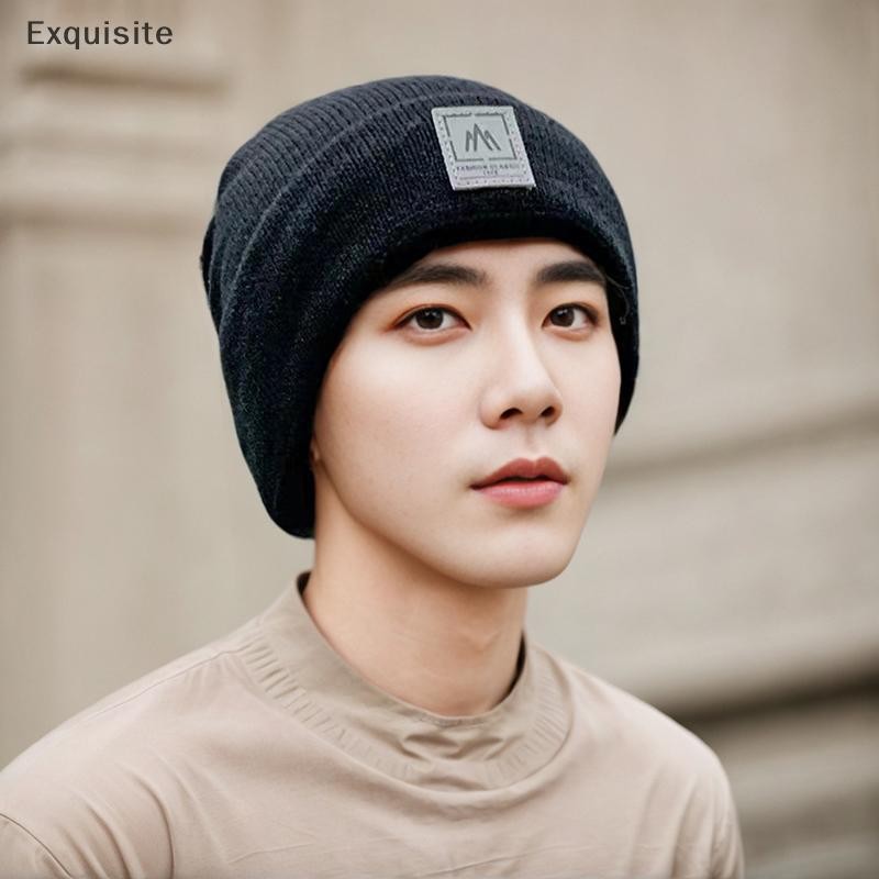 [ประณีต] ฤดูใบไม้ร่วงฤดูหนาวที่อบอุ่นถักหมวกสีทึบถุงหมวก Slouchy ให้อบอุ่น Unisex หมวกถักป้องกันหู Skullies หมวก [th]