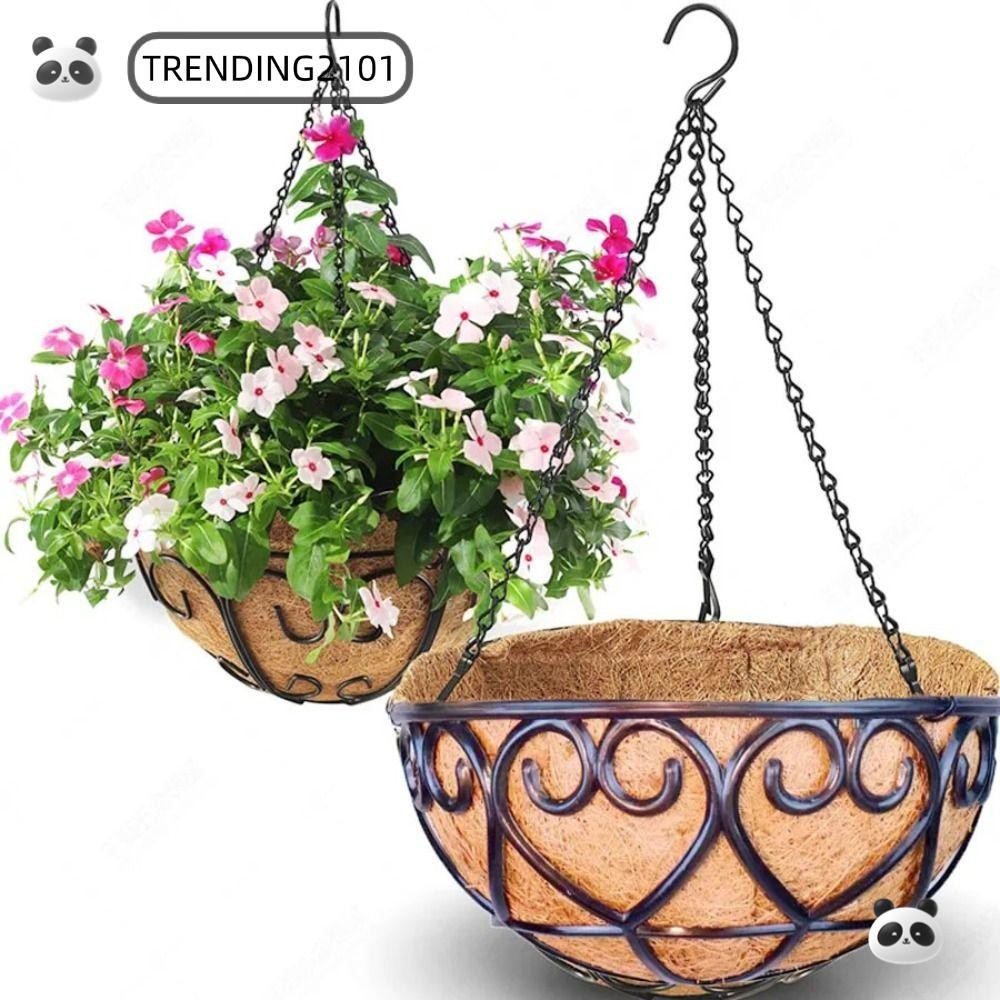 Trending2101 กระถางดอกไม้, เหล็กมะพร้าวสีน้ําตาลรอบโซ่แขวนตะกร้า, ยุโรปสร้างสรรค์เนื้อพืชสีเขียว Chlorophytum Comosum กระถางดอกไม้ชาวไร่ตะกร้า
