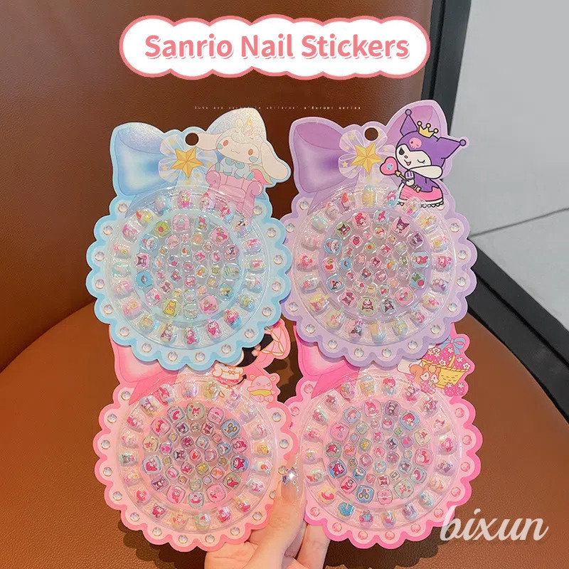 Sanrio เด็กสวมใส่เล็บน่ารัก Kuromi Melody Cinnamoroll Hello Kitty ที่ถอดออกได้เล็บปลอมสําหรับสาวเล็บแพทช์สติกเกอร์