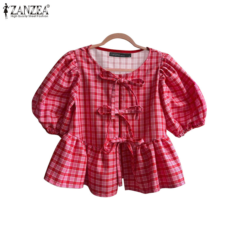 ZANZEA ซานเซีย ผู้หญิงเกาหลีลําลองรอบคอสง่างามจีบแขนสั้นเสื้อลายสก๊อต