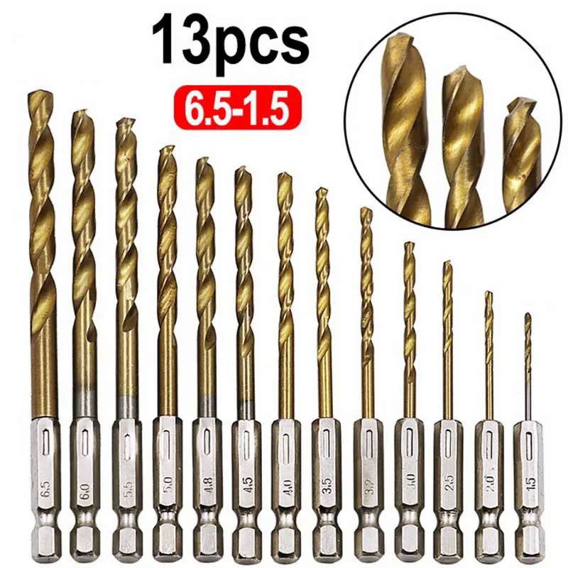 13Pcs HSS High Speed Steel Titanium Coated Drill Bit Set 1/4 Hex Shank 1.5mm-6.5mm Hexagonal Handle 