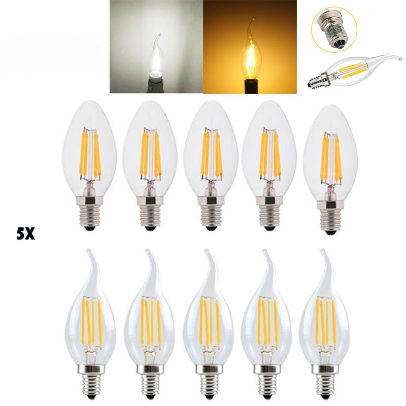 5 ชิ้นหรี่แสงได้หลอดไฟ E14 220 โวลต์ LED Vintage Filament Light เทียนหลอดไฟ 4 วัตต์ 6 วัตต์ Cool Warm สีขาว