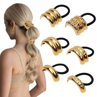 สีทอง Punk Geometric Hair Ties ผู้หญิง Pinytail เชือกผมกันลื่น Simple Elastic Rubber Scrunchies