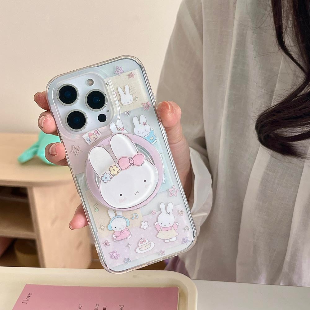 ปลอกปกแข็งเข้ากันได้กับiPhone13 14 14Pro 14ProMax 15 15Pro 15ProMax 16 16Pro 16ProMax 17Pro 17ProMaxกระต่ายดอกไม้รูปแบบแม่เหล็กกรณี