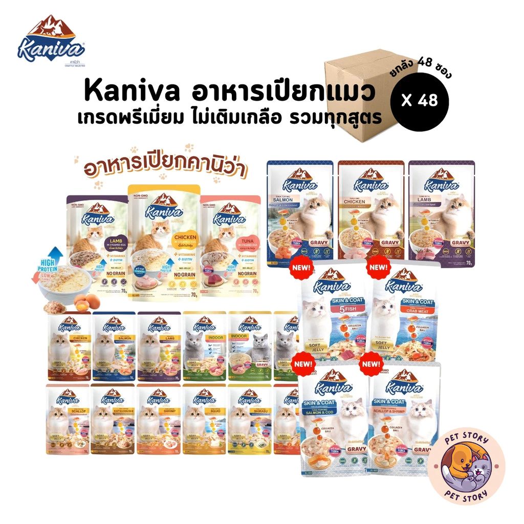 Kaniva อาหารเปียกแมว [ยกลัง 48 ซอง] เปียกแมว คานิว่าเพาซ์ ผสม Vitamins Ball ขนาด 70 กรัม