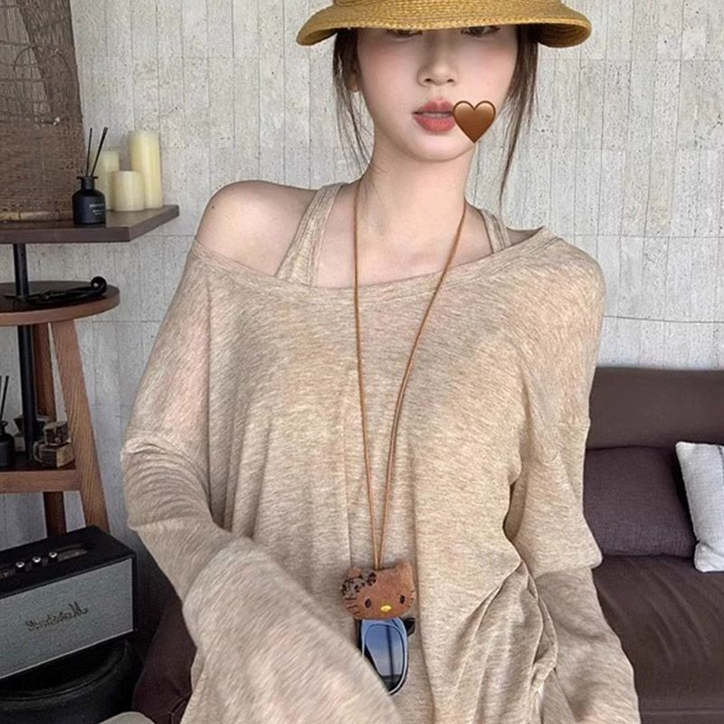ชุดปกป้องแสงแดดแบบสองชิ้น สไตล์สบาย เสื้อยืดแขนยาวสำหรับผู้หญิง ฤดูร้อน บาง ลำลอง หลวม หลากหลาย สไตล์กำมะหยี่ IKPP