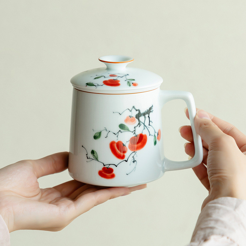 [Guanyun] Yingqing Pure Hand-Painted Persimmon Persimmon Ruyi เซรามิคสํานักงานถ้วยแก้วส่วนบุคคลชาพิเ