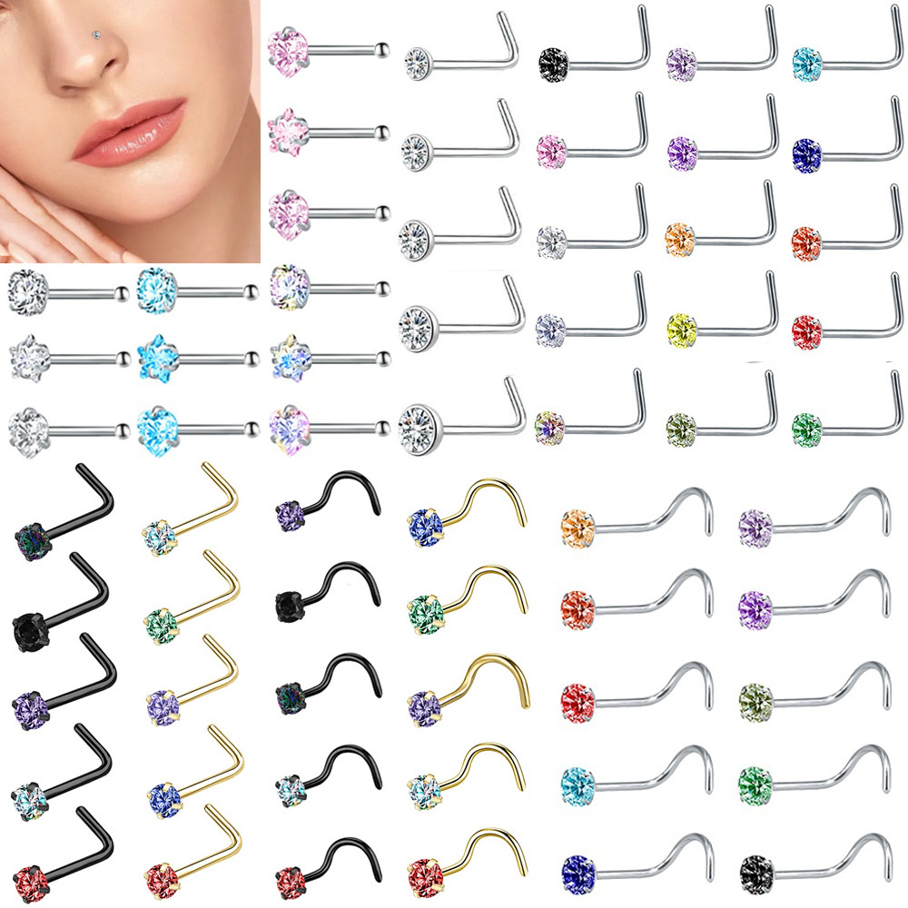 1 ชุดสแตนเลสสตีลจมูกเจาะ 18G/20G จมูก I/L/S Nostrail Stud ชุด 1.5/2/2.5/3 มม.Star Heart รอบคริสตัลจมูก Stud 7 มม.Nostrail เจาะสีชมพูเงินสีดํา Multicolor