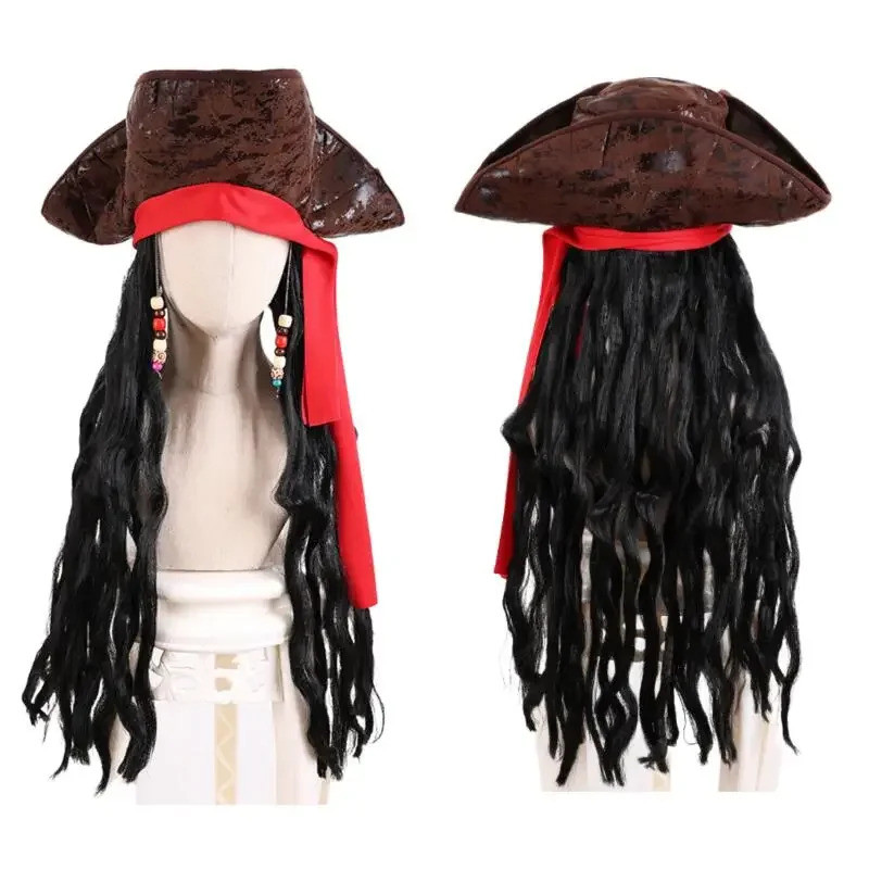 Adult Men's Caribbean Pirate Hat Wig Halloween Stage Performance Pirate Captain Costume Wig Party Ac