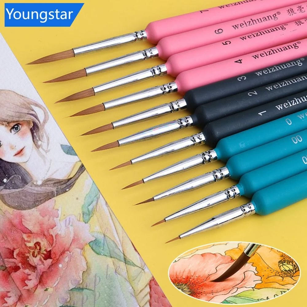 YOUNGSTAR 11 ชิ้น Miniature Wolf Hair Paint แปรงภาพวาดศิลปะแปรงศิลปะแปรงสีน้ําภาพวาดสีน้ํามันวาดมือวาด I9L5