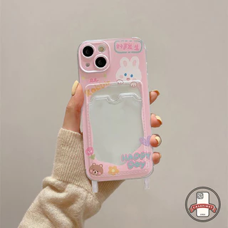 ความหรูหรากระเป๋าสตางค์ช่องใส่บัตรสีชมพูกระต่ายน่ารักหมี เคส IPhone 11 12 14 16 13 15 Pro Max XS Max 7 8 15 16 Plus X XR